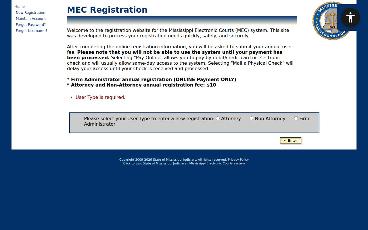 Alcorn County case search PAMEC registration account route