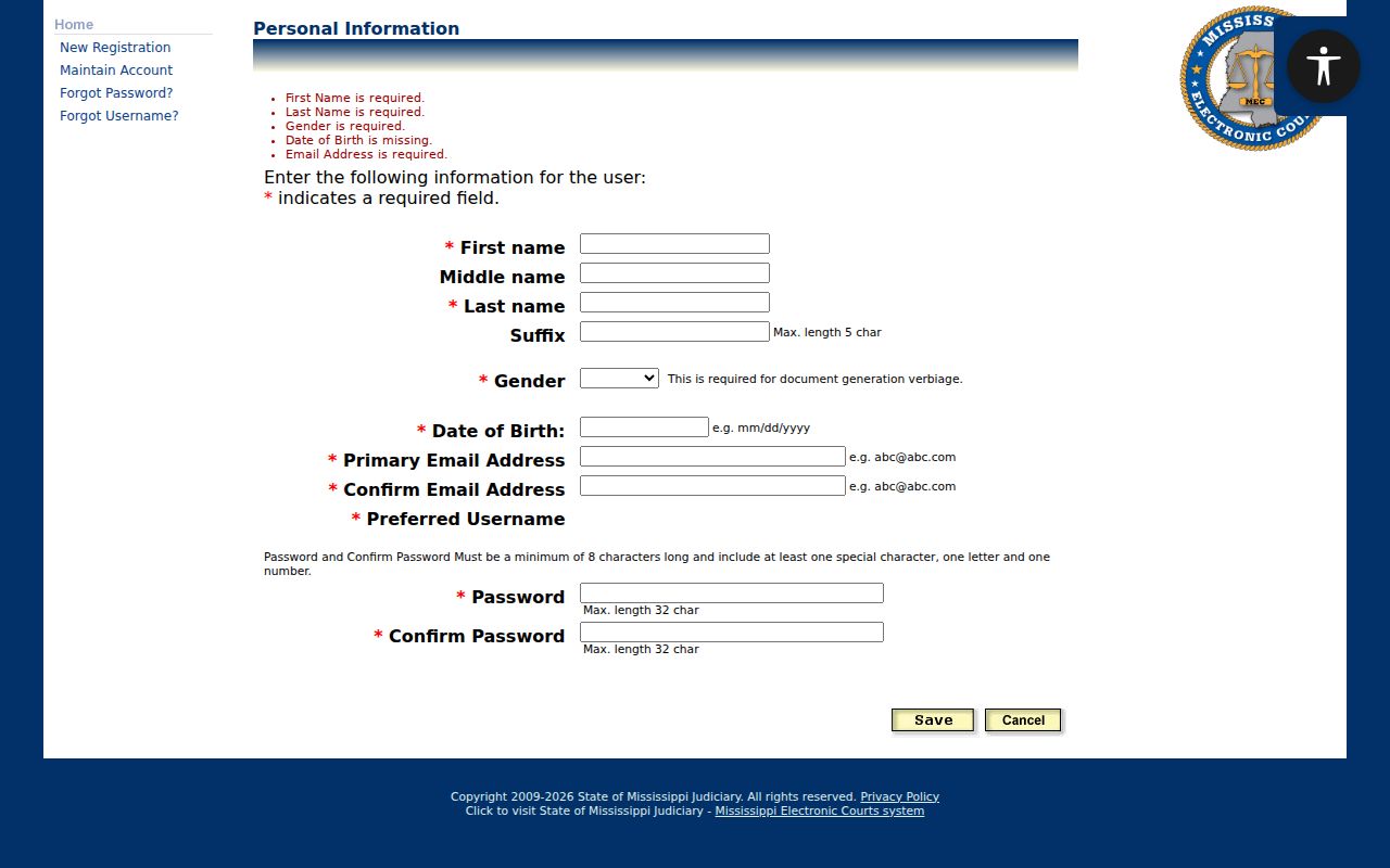 Alcorn County case search PAMEC personal information registration form