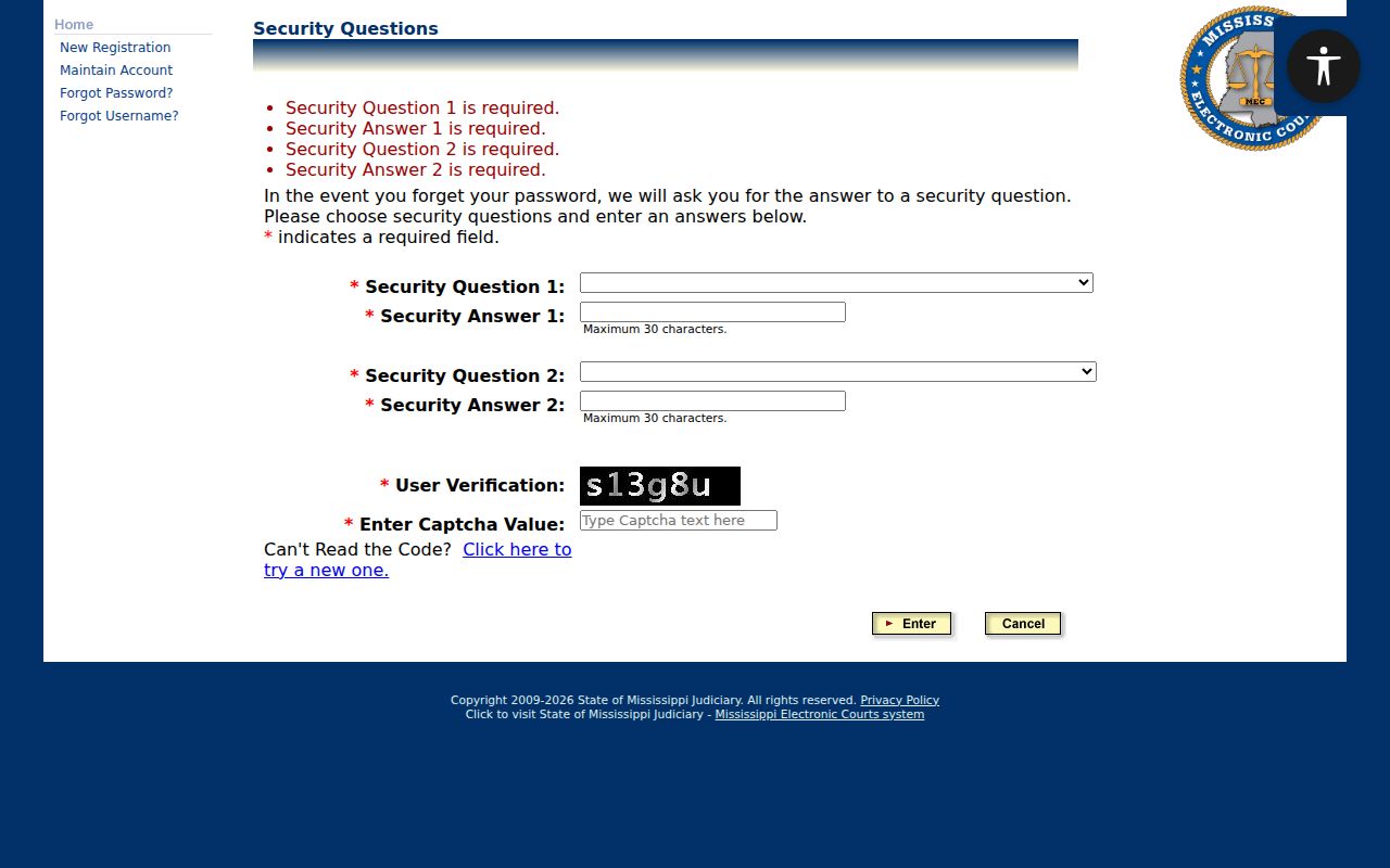 Alcorn County case search PAMEC security question account step