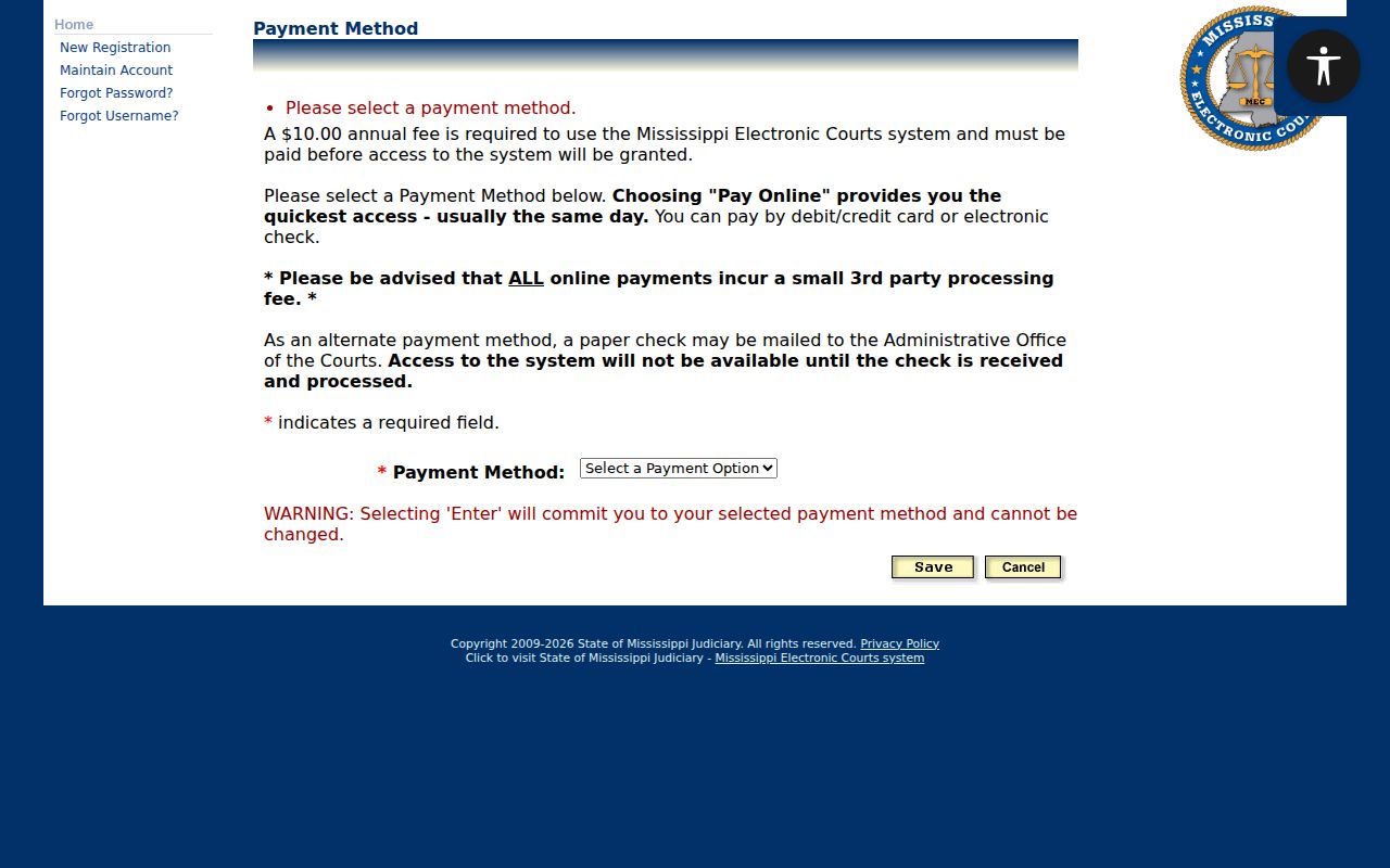 Alcorn County case search PAMEC payment method registration step