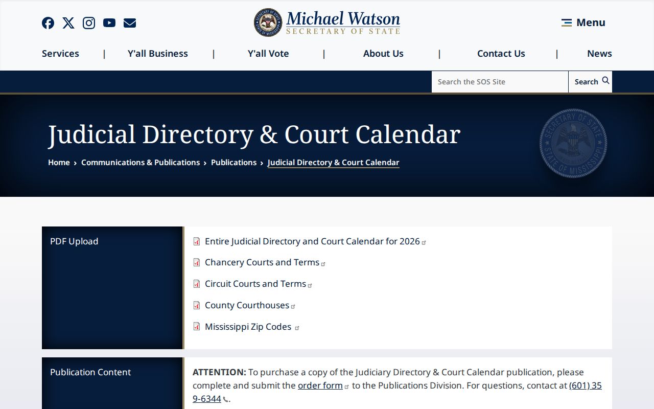 Alcorn County court calendar source at the Mississippi Secretary of State