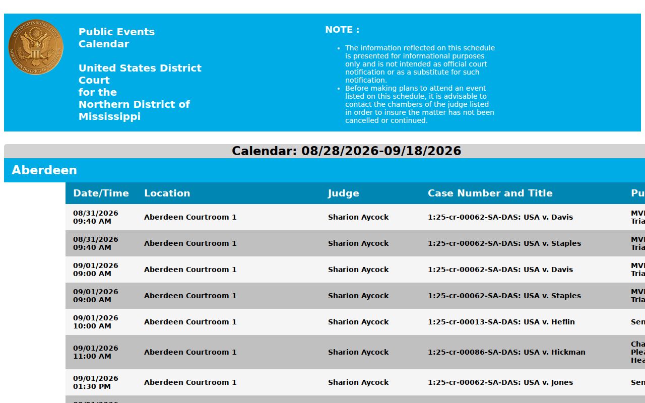 Alcorn County court calendar comparison with Northern District public schedule