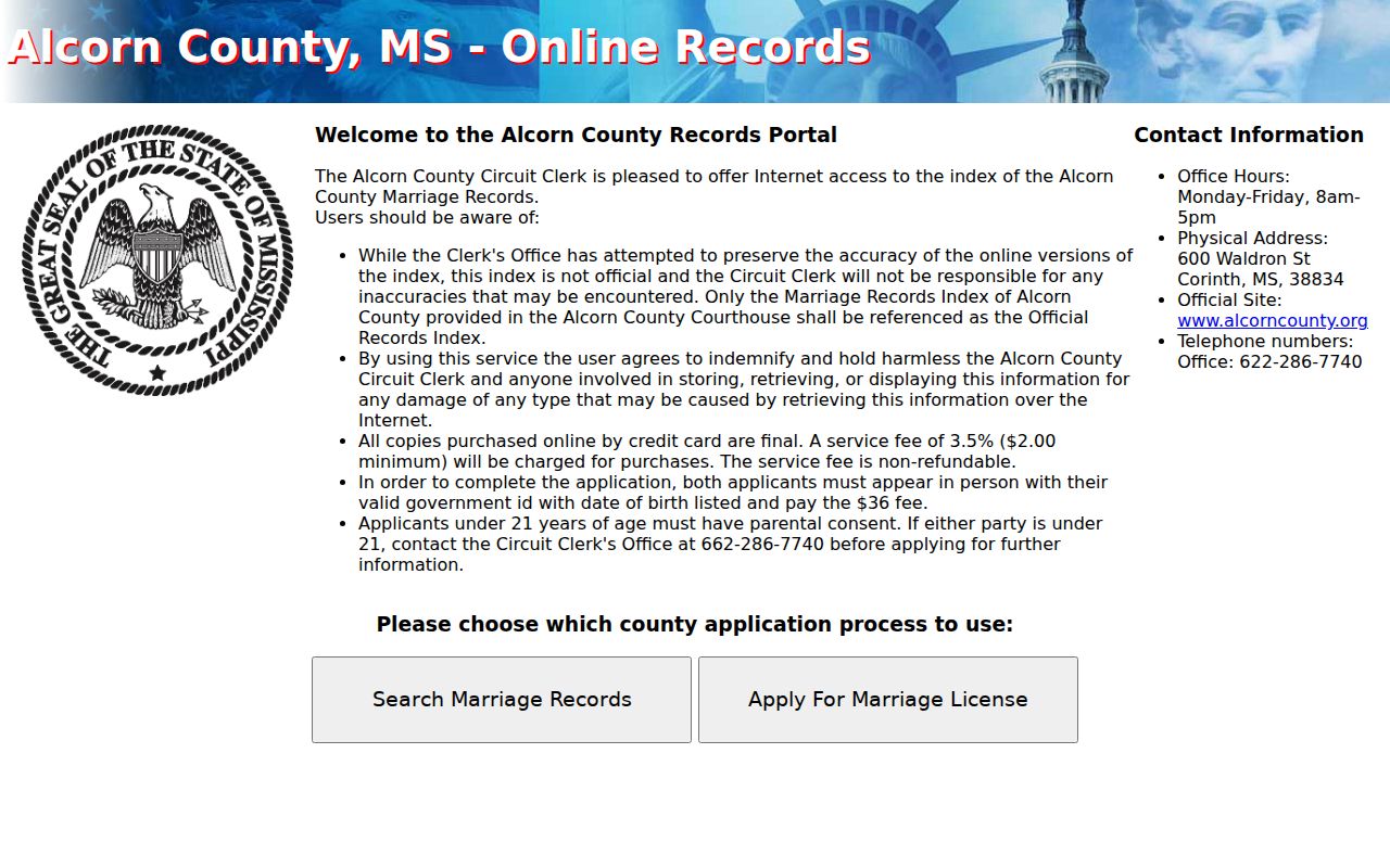 Alcorn County court records boundary showing marriage index portal