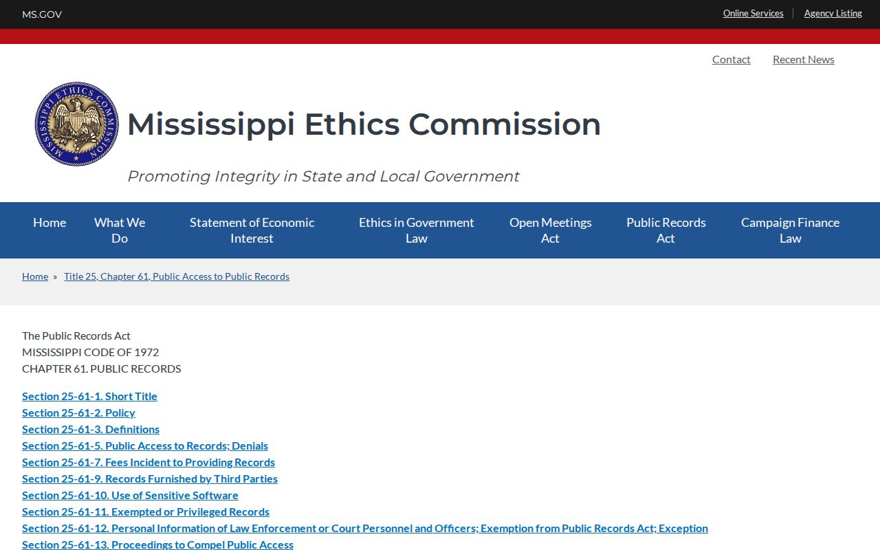 Alcorn County court records public access law source at Mississippi Ethics Commission