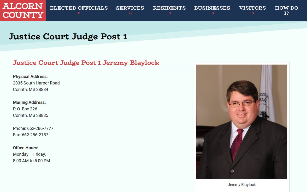 Alcorn County traffic court records Justice Court Post 1 official contact page