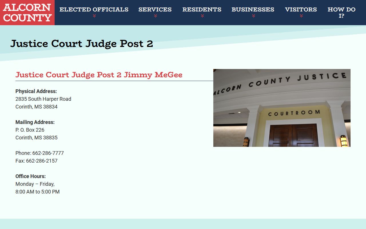 Alcorn County traffic court records Justice Court Post 2 official contact page